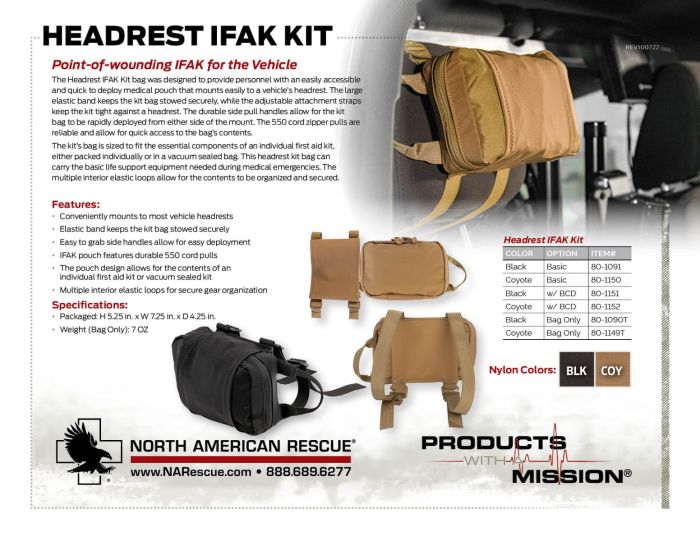 Headrest IFAK Kit Product Information Sheet North American Rescue