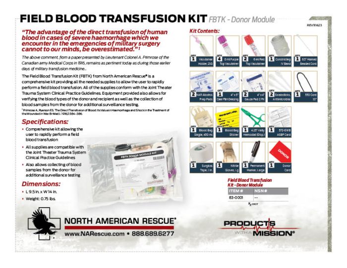 Field Blood Transfusion Kit FBTK Donor Module Product Information