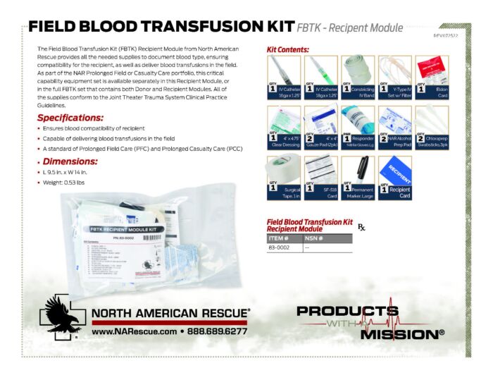 Field Blood Transfusion Kit FBTK Recipient Module Product Information
