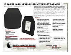 10 in. x 12 in. NIJ Level III+ UHMWPE Plate Armor - Multi-Curve - Shooter Cut - Product Information Sheet