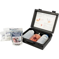 TrueClot Hemorrhage Training Kit - Large Caliber GSW with Bone Insert - open, blood simulate concentrate and simulated hemostatic gauze outside case 