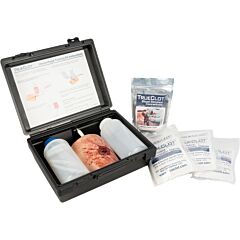 TrueClot Hemorrhage Training Kit - Large Caliber GSW with Bone Insert - open, blood simulate concentrate and simulated hemostatic gauze outside case 